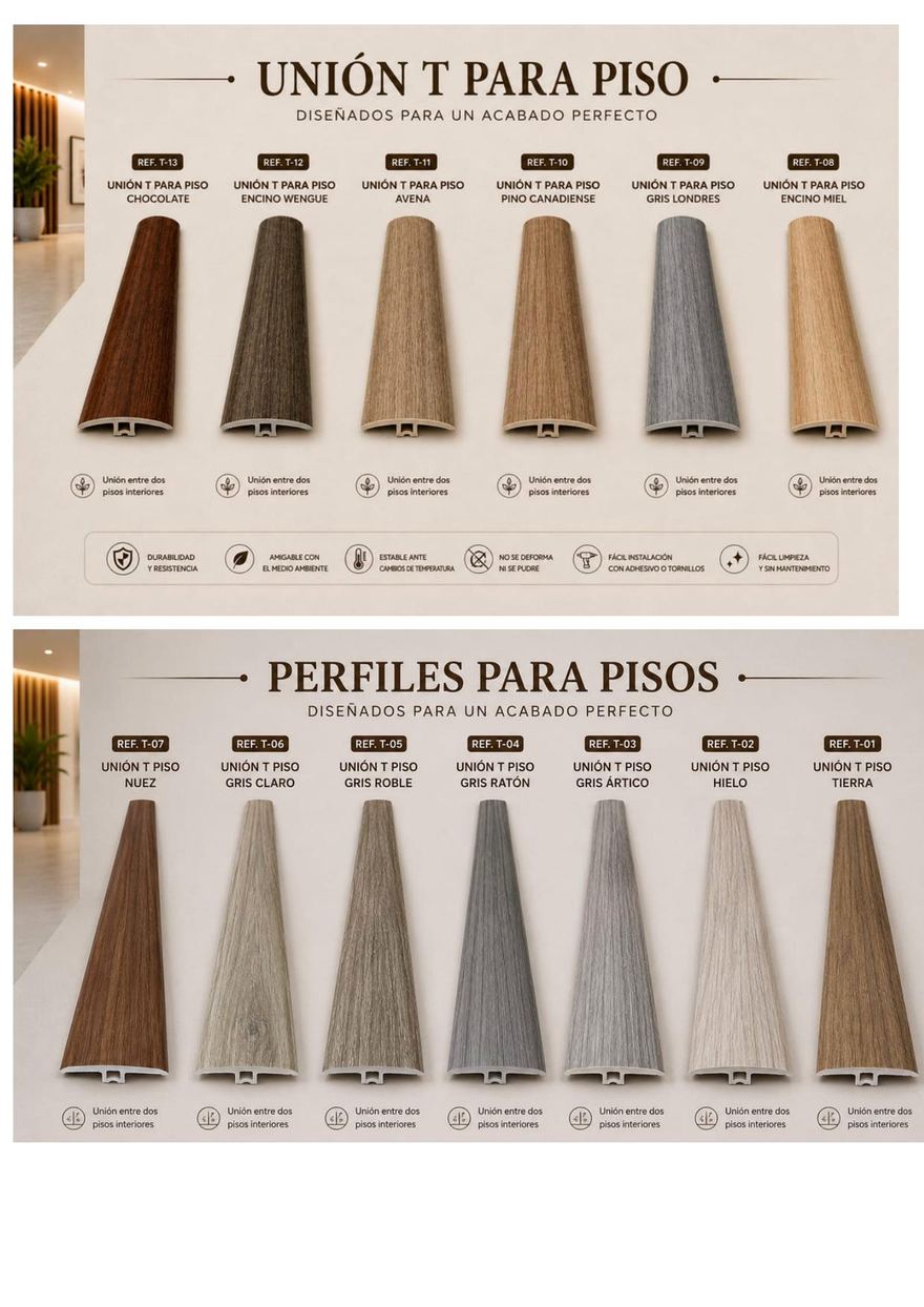 Perfil SPC — Unión T para piso (Carta de colores)