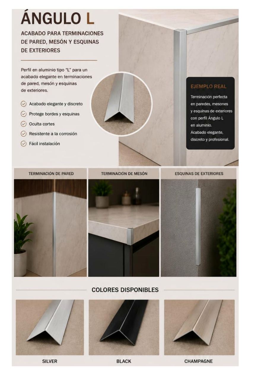 Aluminio — Ángulo L (Pared · mesón · exterior)